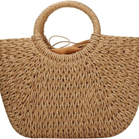 Straw Bags for Women,Hand-woven Straw Large Bag Round Handle Ring Tote Retro Sum